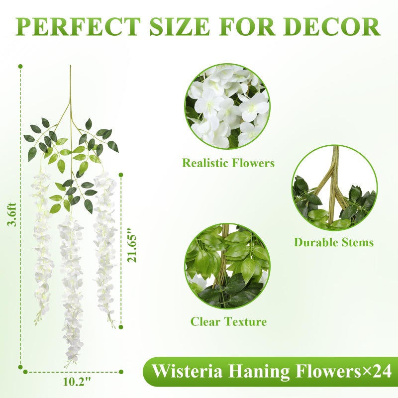 Pauwer Wisteria Hanging Flowers 24 Pack Fake Flower Garland Artificial Wisteria Vines Rattan Silk Flower String Wedding Party Wall Decorations,White - Image 2